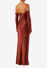 Shona Joy Lino Off-Shoulder Satin Maxi Dress Bordeaux 1244050MAROON