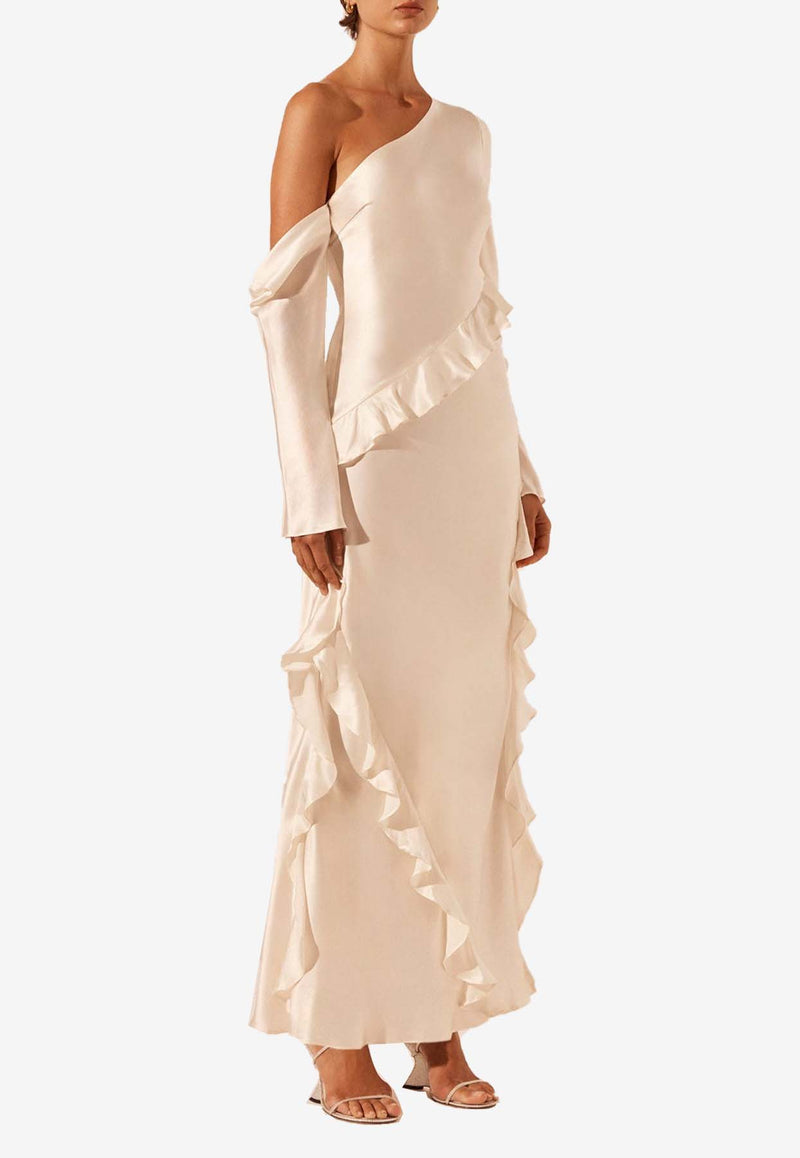 Shona Joy Louella One-Shoulder Ruffled Silk Maxi Dress White 1244486WHITE