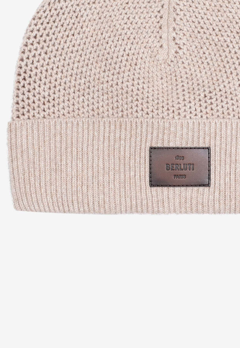 Berluti Leather Patch Wool Beanie Beige T27CA70.001-A10 FLUFFY BEIGE