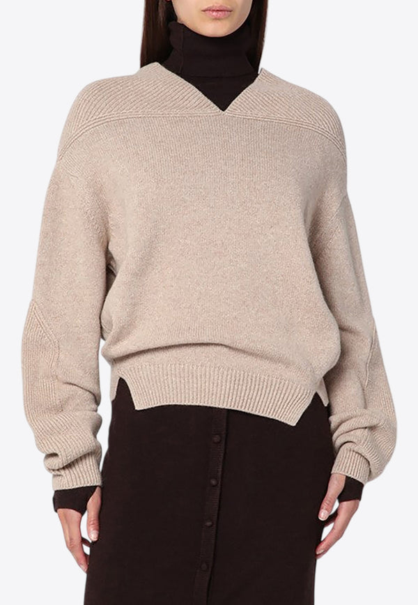 Victoria Beckham V-neck Sweater in Wool and Cashmere Sand 1325KJU006421AWO/R_VIBEC-SA