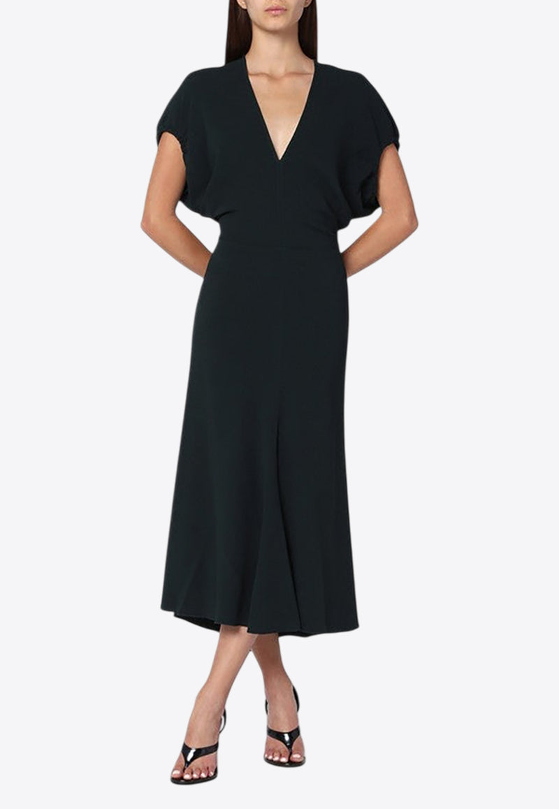 Victoria Beckham V-neck Midi Satin Dress Dark Green 1325WDR006381AVI/R_VIBEC-DP