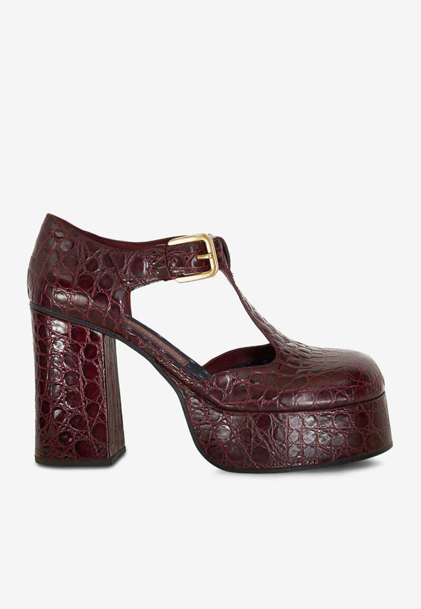 Etro 110 Marry Jane Pumps in Croc-Embossed Leather 13874-3092 0301 Burgundy