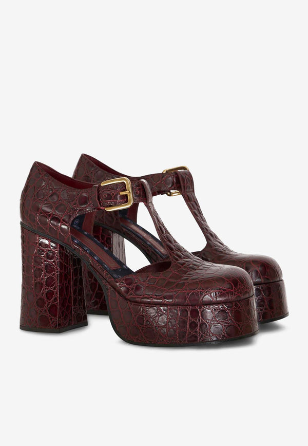 Etro 110 Marry Jane Pumps in Croc-Embossed Leather 13874-3092 0301 Burgundy