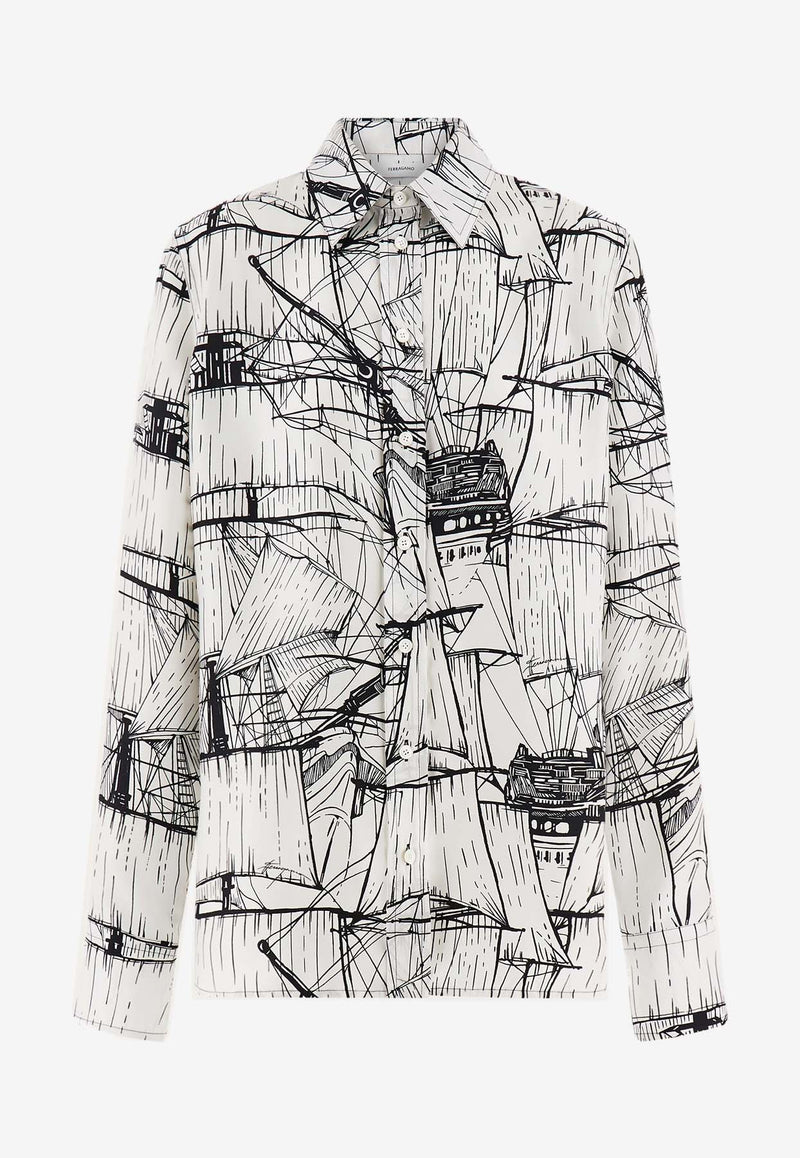 Salvatore Ferragamo Veliero Print Silk Shirt 13F799 C 775615 WHITE/NERO Monochrome