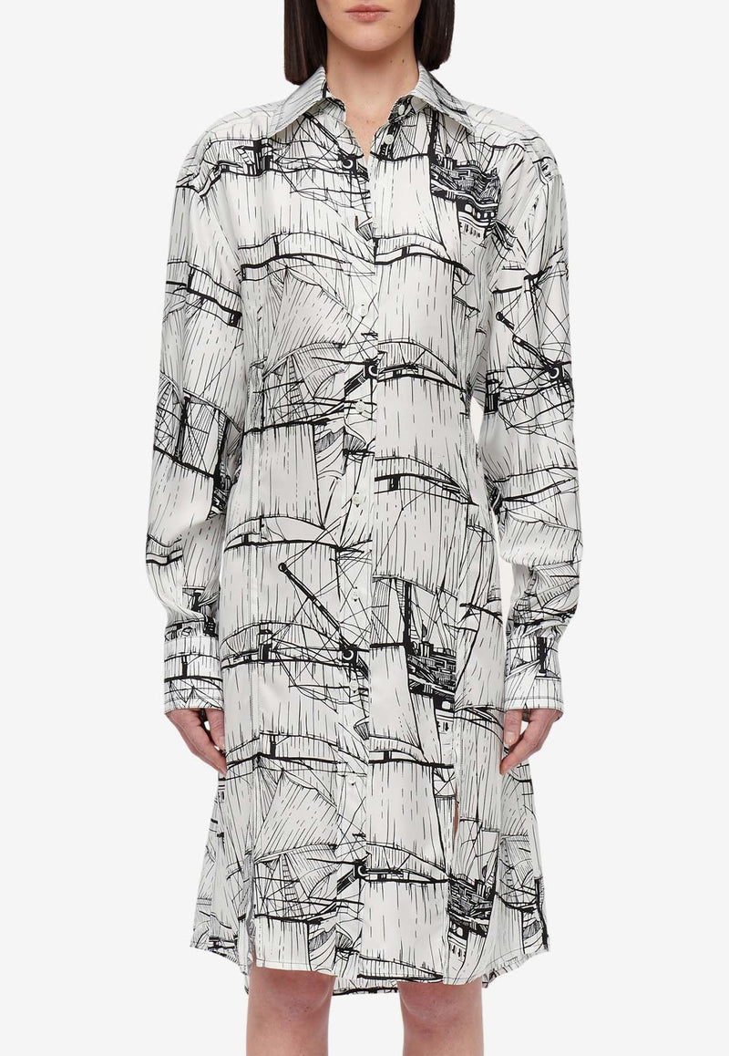 Salvatore Ferragamo Veliero Print Silk Shirt Dress 13F969 A 776693 WHITE/NERO Monochrome