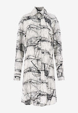 Salvatore Ferragamo Veliero Print Silk Shirt Dress 13F969 A 776693 WHITE/NERO Monochrome