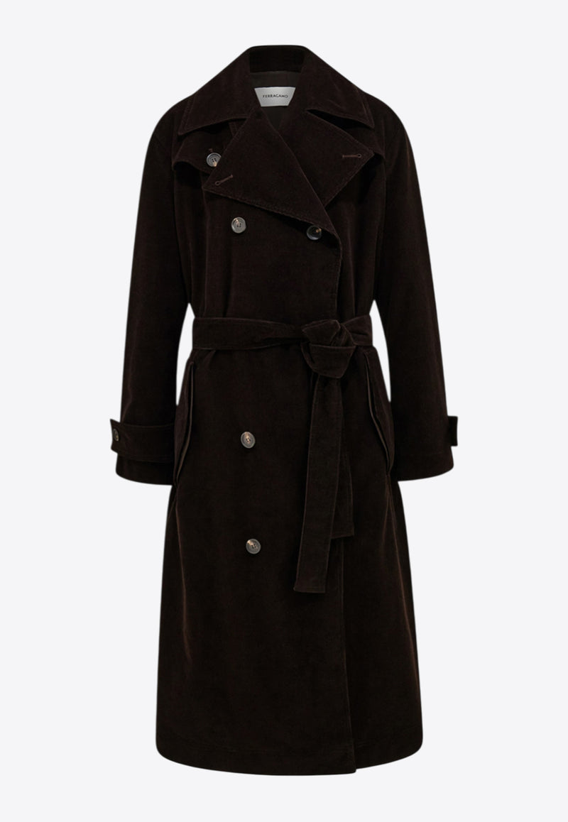 Ferragamo Double-Breasted Corduroy Trench Coat Dark Brown 13H371 T 785022 DARK EXPRESSO