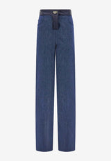Ferragamo Leather-Trimmed Wide-Leg Jeans Denim 13H888 P 790227 DENIM/WHITE