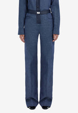 Ferragamo Leather-Trimmed Wide-Leg Jeans Denim 13H888 P 790227 DENIM/WHITE