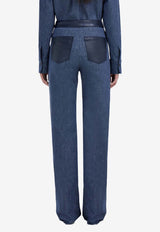 Ferragamo Leather-Trimmed Wide-Leg Jeans Denim 13H888 P 790227 DENIM/WHITE