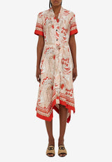 Ferragamo Rooster Print Asymmetric Midi Dress Multicolor 13I226 A 792534 BLUSH