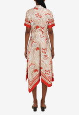 Ferragamo Rooster Print Asymmetric Midi Dress Multicolor 13I226 A 792534 BLUSH