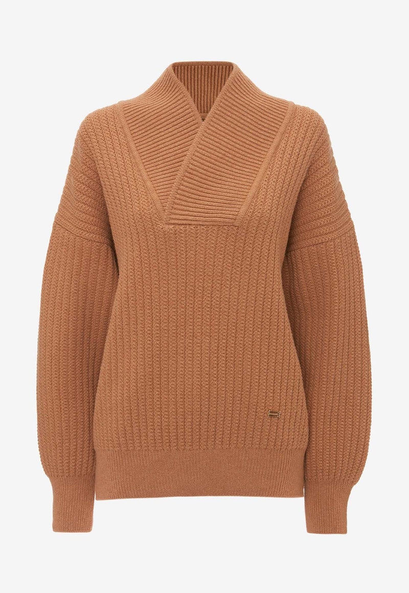 Victoria Beckham Shawl-Neck Knitted Sweater Camel 1424KJU005932ABEIGE