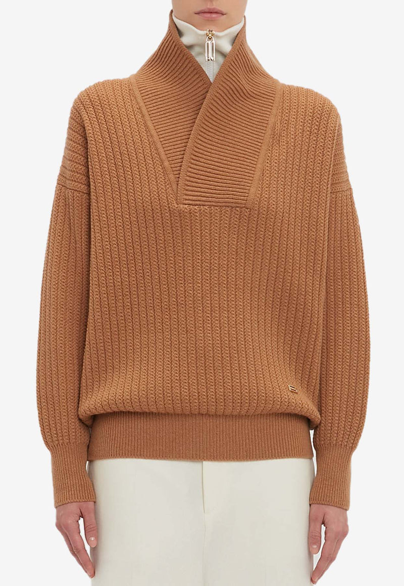 Victoria Beckham Shawl-Neck Knitted Sweater Camel 1424KJU005932ABEIGE