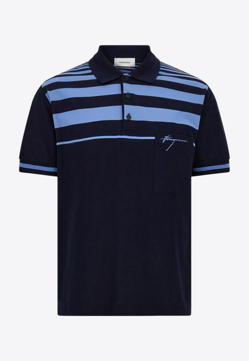Ferragamo Striped Logo Polo T-shirt Blue 144704 H 786204 NEW NAVY/BLEUET