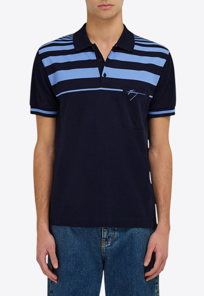 Ferragamo Striped Logo Polo T-shirt Blue 144704 H 786204 NEW NAVY/BLEUET