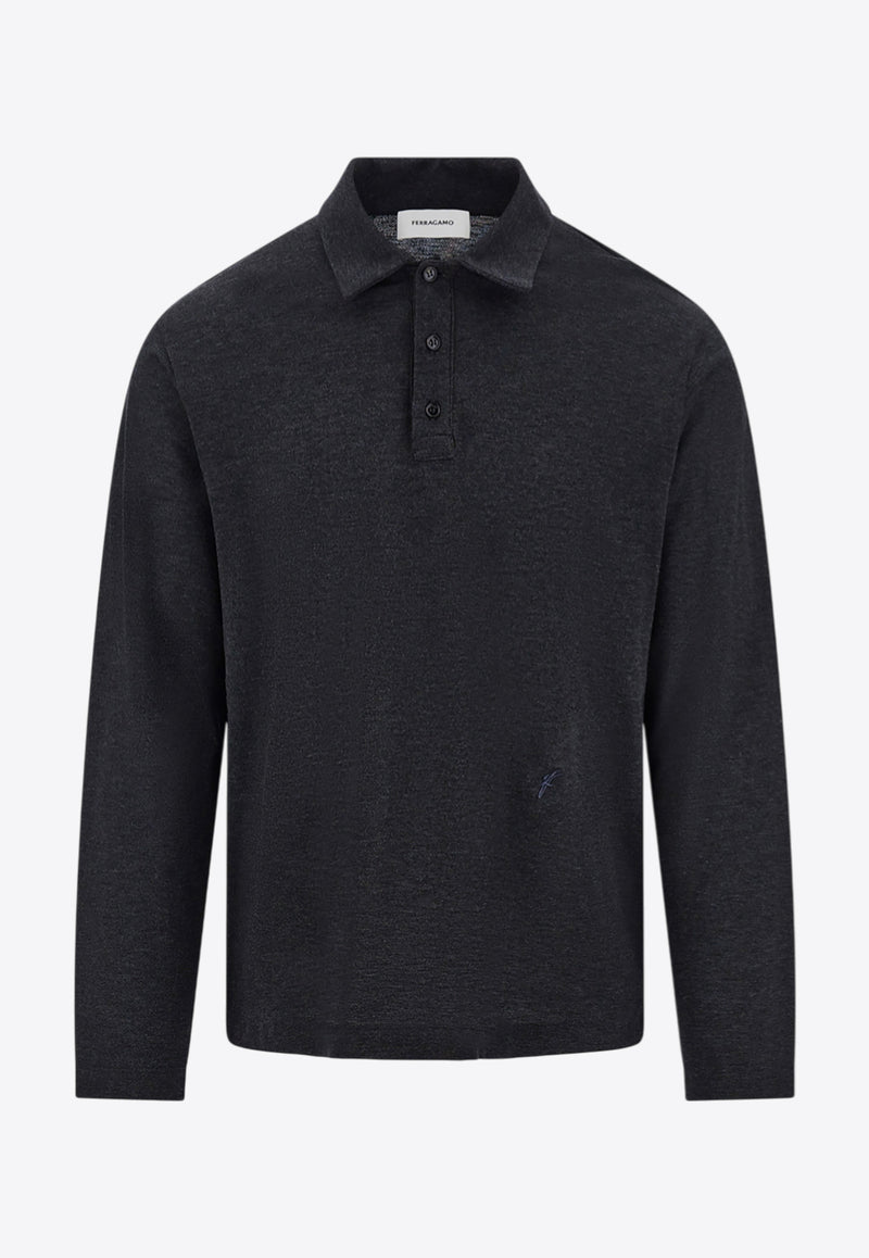 Ferragamo Logo Embroidered Long-Sleeved Polo T-shirt Gray 144741 H 786358 LEAD GREY