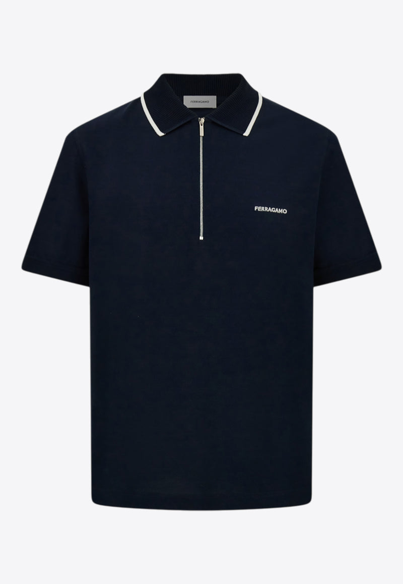 Ferragamo Logo Embroidered Hal-Zip Polo T-shirt Blue 144797 H 784281 NEW NAVY