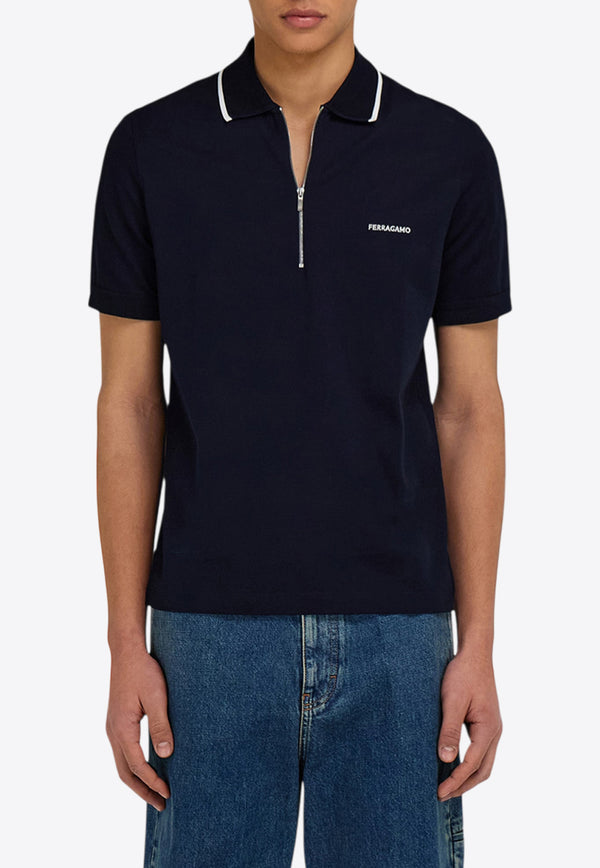 Ferragamo Logo Embroidered Hal-Zip Polo T-shirt Blue 144797 H 784281 NEW NAVY