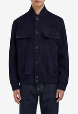 Ferragamo Embossed Gancini Suede Bomber Jacket Navy 145222 B 790352 NEW NAVY