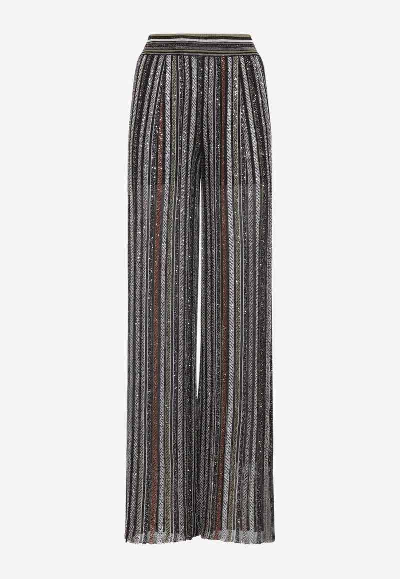 Sequined Straight-Leg Striped Pants