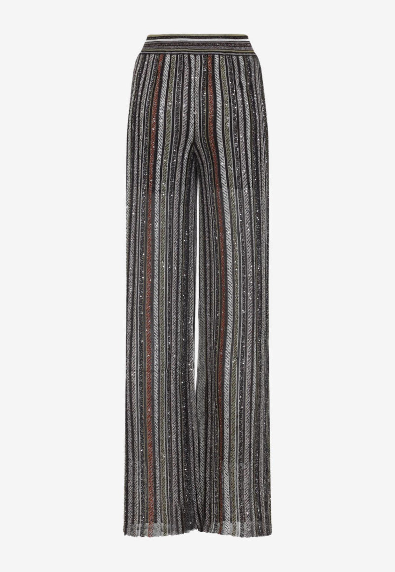 Sequined Straight-Leg Striped Pants