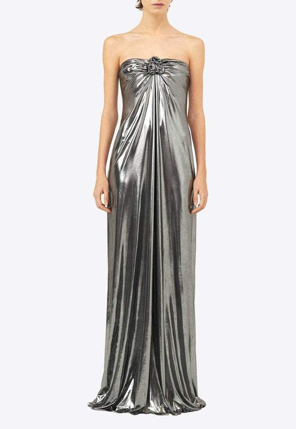 Magda Butrym Strapless Metallic Gown with Floral Applique 168723SILVER