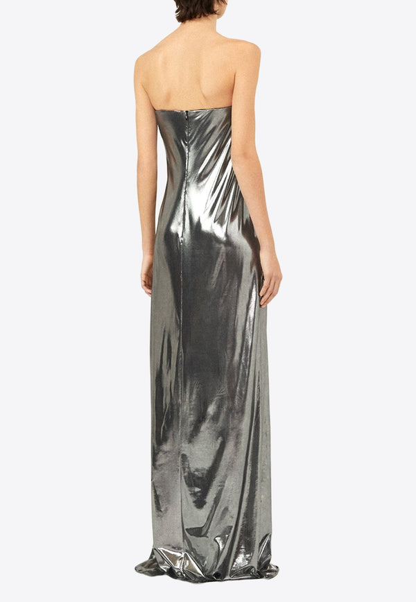 Magda Butrym Strapless Metallic Gown with Floral Applique 168723SILVER