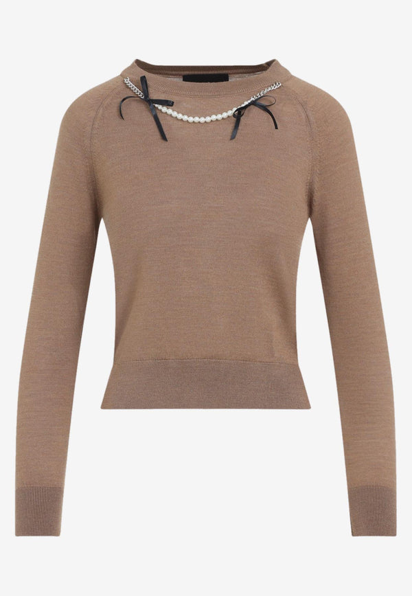 Pearl-Embellished Bow-Detailed Knitted Sweater