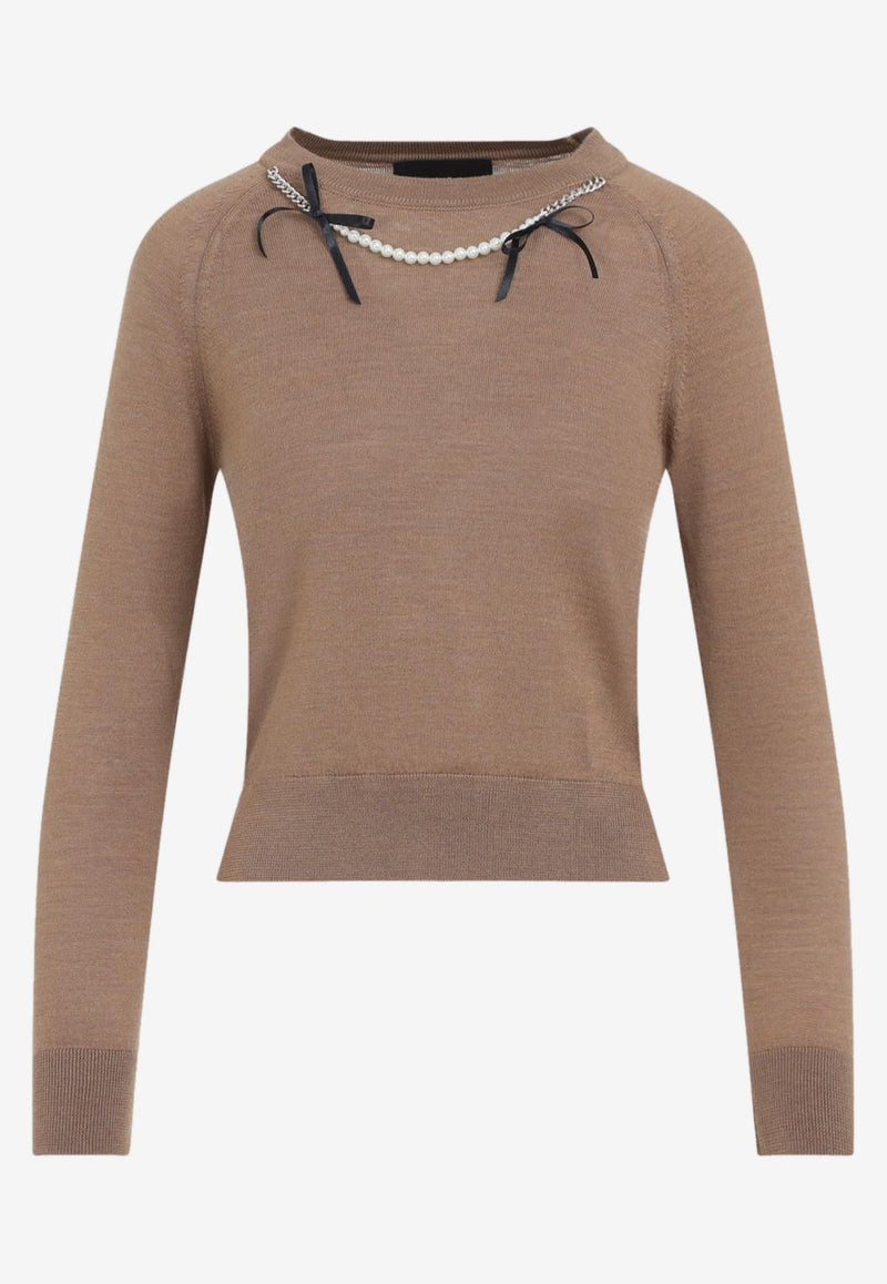 Pearl-Embellished Bow-Detailed Knitted Sweater