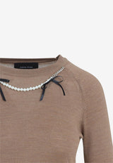 Pearl-Embellished Bow-Detailed Knitted Sweater