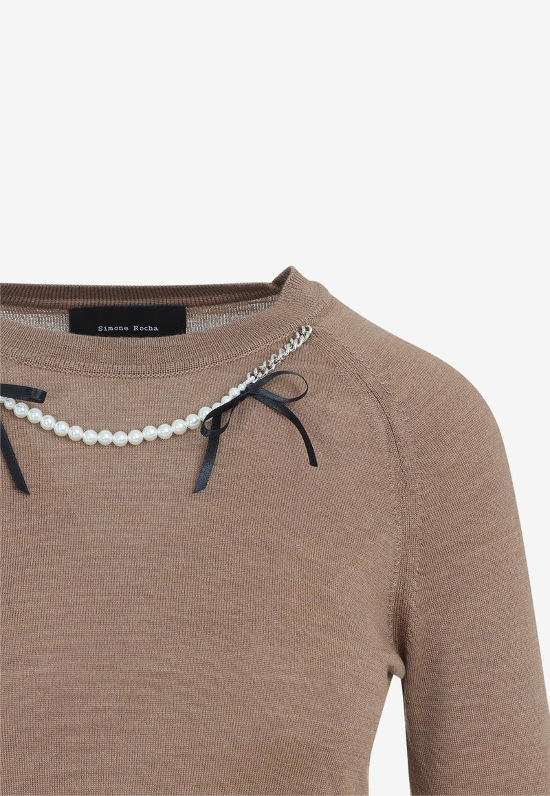 Pearl-Embellished Bow-Detailed Knitted Sweater
