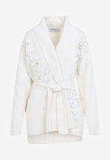 Floral Embroidered Belted Knit Cardigan