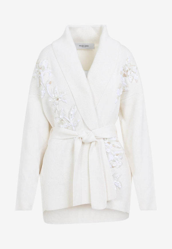 Floral Embroidered Belted Knit Cardigan