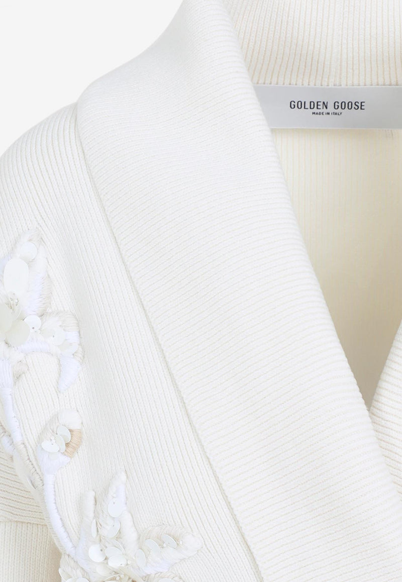 Floral Embroidered Belted Knit Cardigan