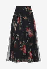 Bouquet Print Silk Chiffon Midi Skirt
