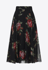 Bouquet Print Silk Chiffon Midi Skirt