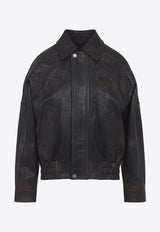 Flower-Embroidered Aged Leather Jacket