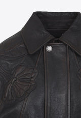 Flower Embroidered Leather Jacket