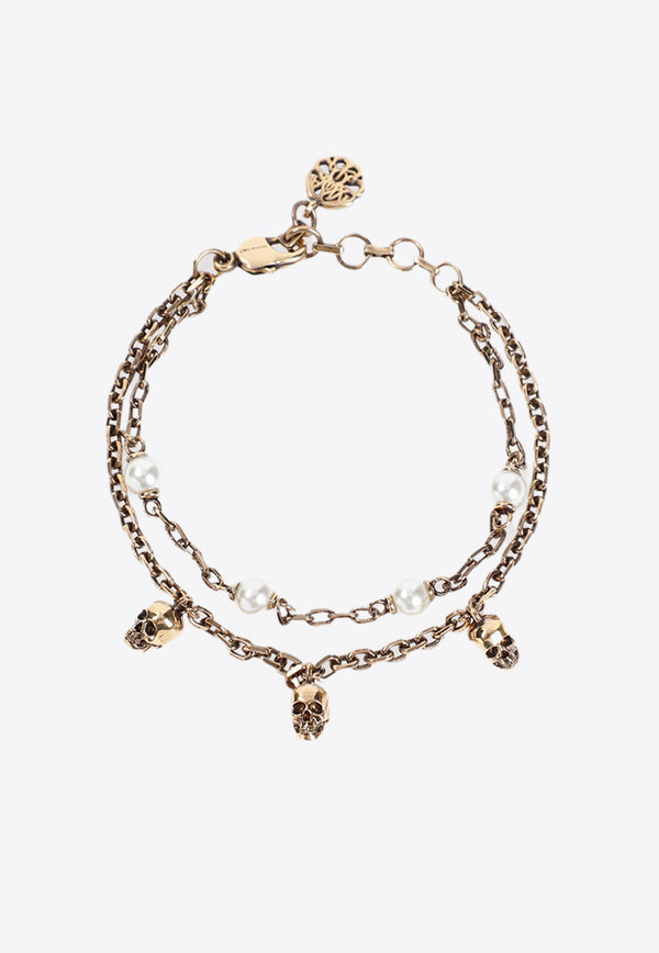 Double-Chain Pearl and Skull Bracelet