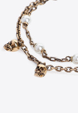 Double-Chain Pearl and Skull Bracelet