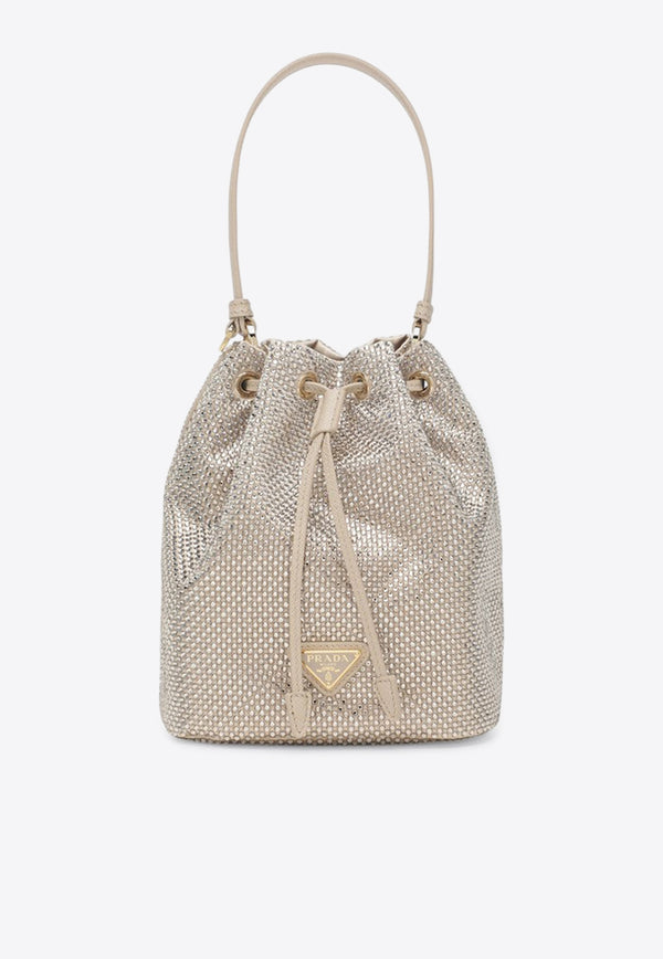 Prada Crystal Embellished Logo Bucket Bag Champagne 1BE067OOD2HNJ/R_PRADA-F0GCN