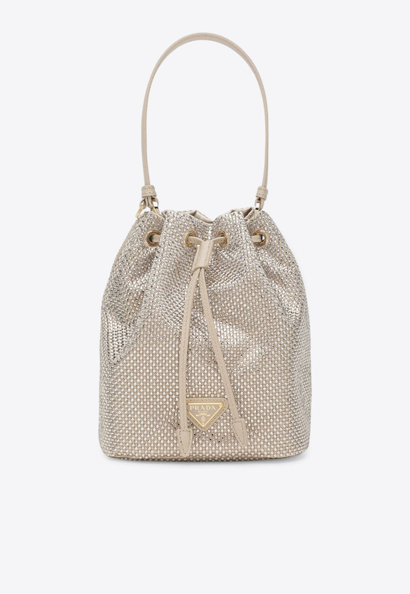 Prada Crystal Embellished Logo Bucket Bag Champagne 1BE067OOD2HNJ/R_PRADA-F0GCN