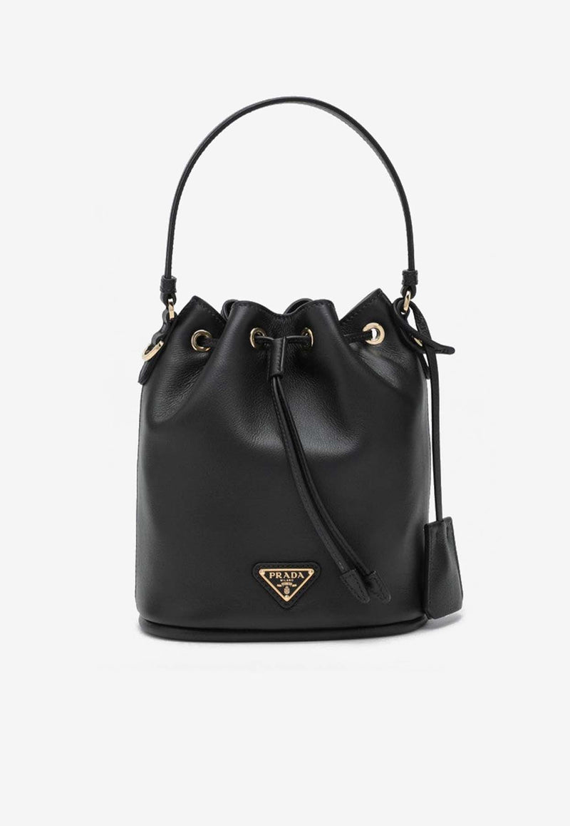 Prada Small Triangle Logo Leather Bucket Bag Black 1BE067WOH2CYS/P_PRADA-F0002