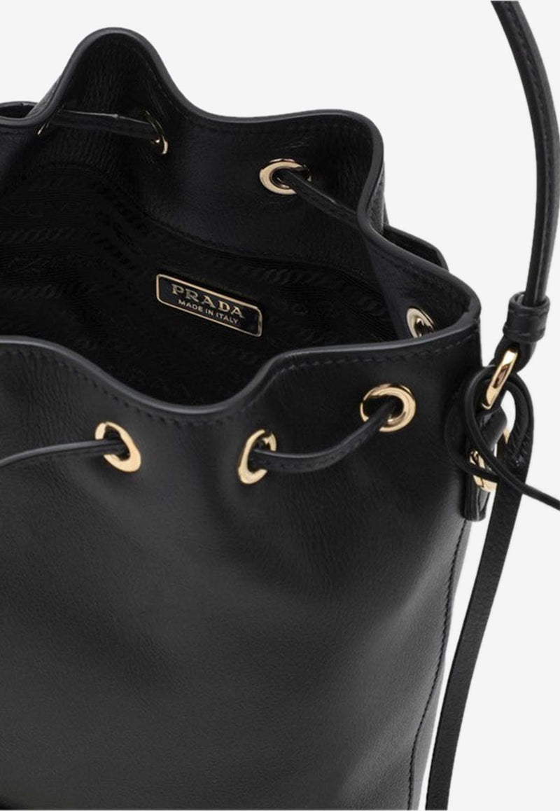 Prada Small Triangle Logo Leather Bucket Bag Black 1BE067WOH2CYS/P_PRADA-F0002