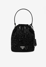 Prada Mini Re-Nylon Embroidered Bucket Bag Black 1BE067WRM2C4Q/P_PRADA-F0002