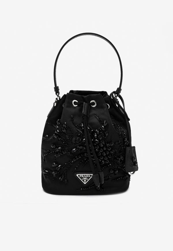 Prada Mini Re-Nylon Embroidered Bucket Bag Black 1BE067WRM2C4Q/P_PRADA-F0002