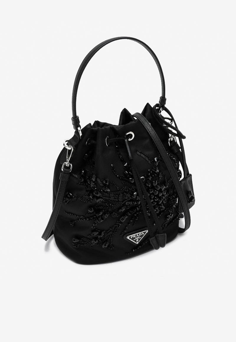 Prada Mini Re-Nylon Embroidered Bucket Bag Black 1BE067WRM2C4Q/P_PRADA-F0002