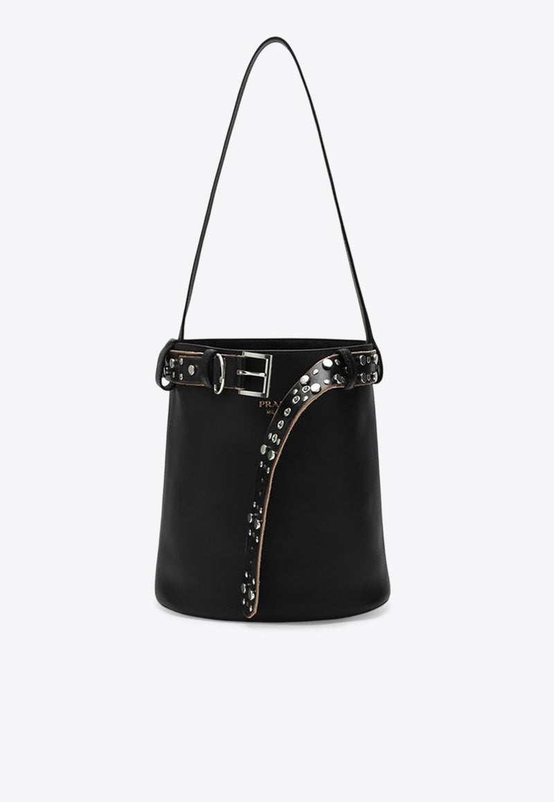 Prada Studded Belt Leather Bucket Bag Black 1BE085SBB2HIE/Q_PRADA-F0002