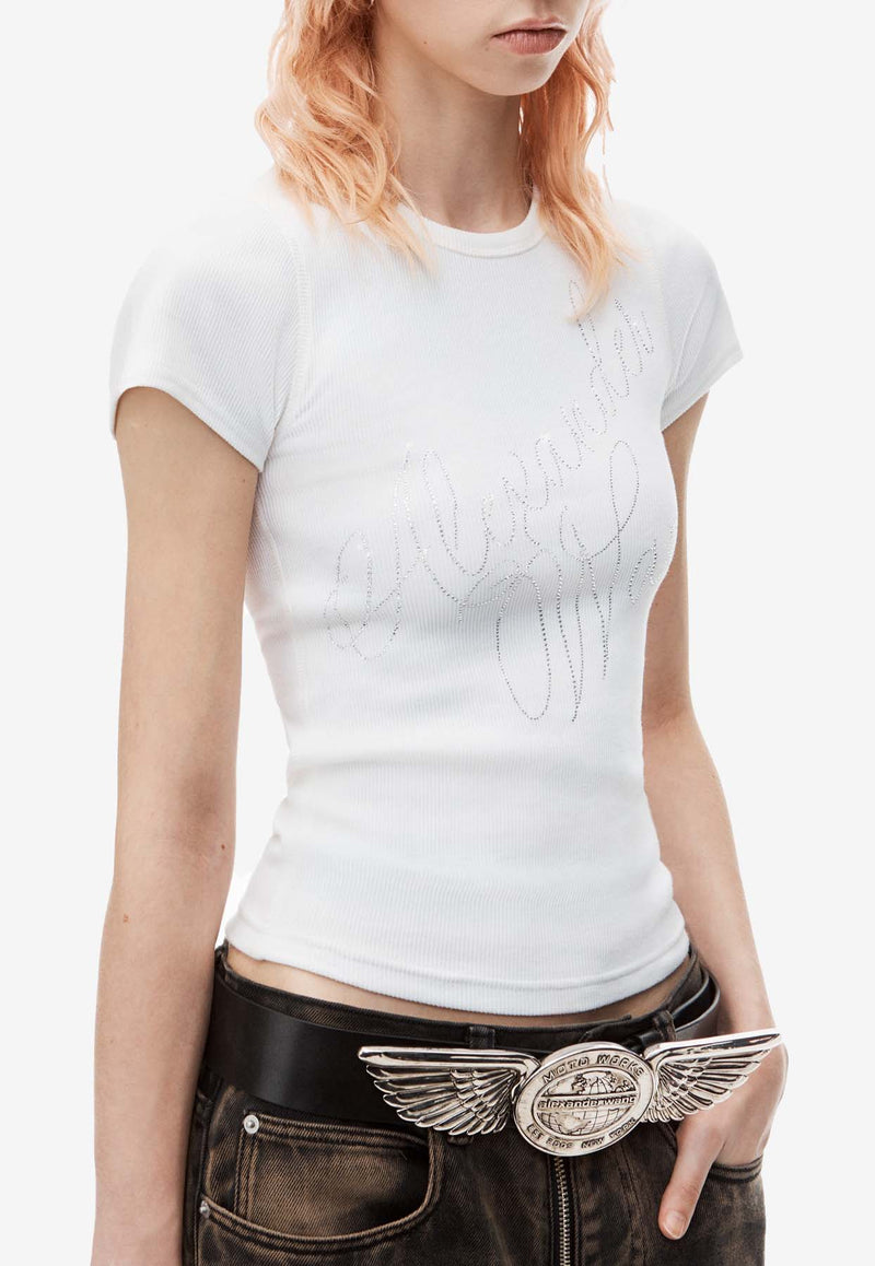 Alexander Wang Crystal Hotfix Logo T-shirt White 1CC3241920WHITE